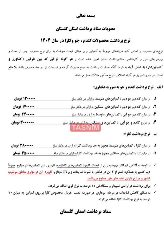 اعلام نرخ برداشت محصولات کشاورزی در گلستان