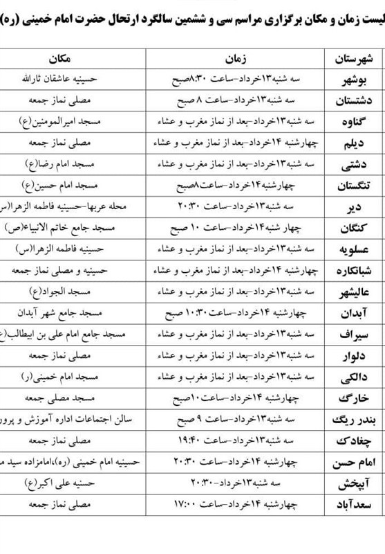 برگزاری مراسم سالگرد امام راحل(ره) در 21 شهر بوشهر+جدول