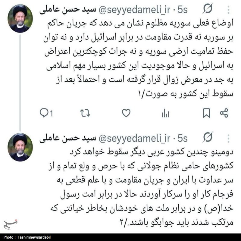 هشدار آیت‌الله عاملی؛ سقوط دومینویی کشورهای عربی در پی بحران سوریه