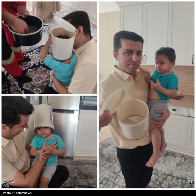 آتش‌نشانان قمی کودک گرفتار در سطل را نجات دادند+ عکس