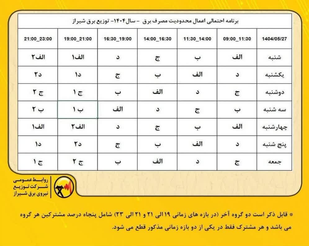 خاموشی‌های برنامه‌ریزی شده در شیراز تغییر کرد