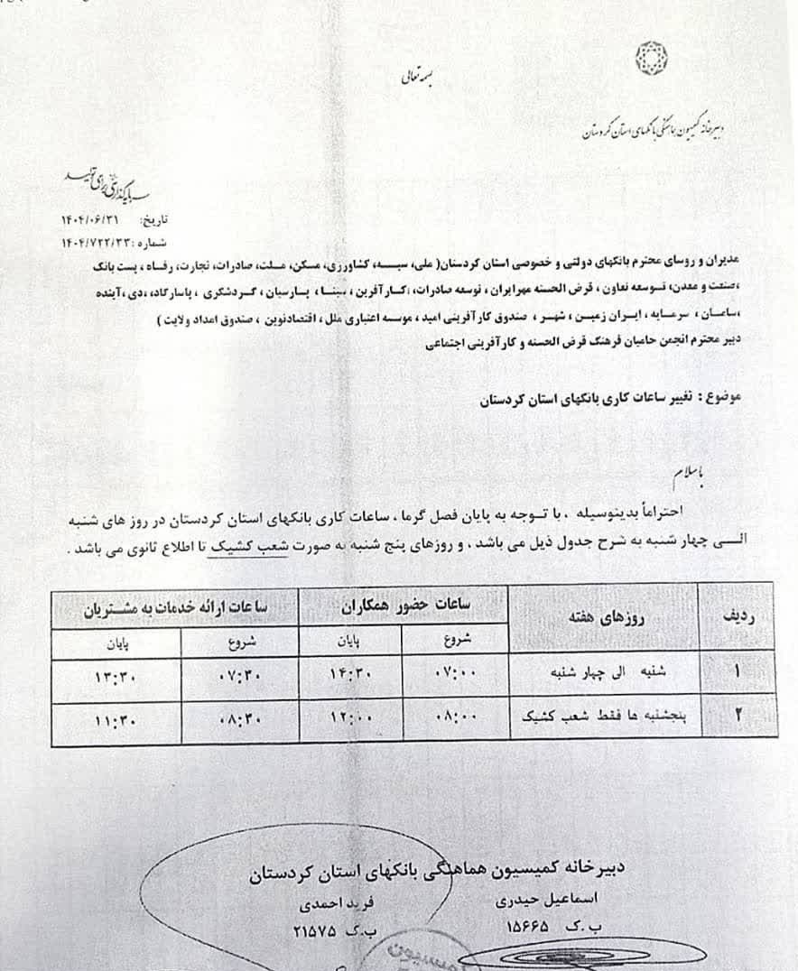 بانک‌های کردستان در روزهای پنجشنبه تعطیل شد
