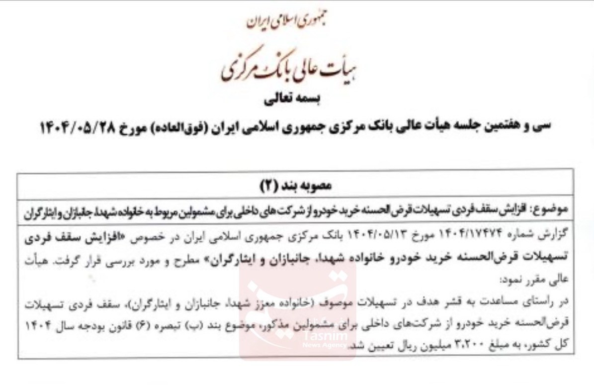 بانک مرکزی جمهوری اسلامی ایران , تسهیلات بانکی , خانواده شهدا , 