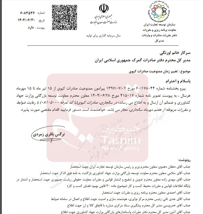 مجوز صادرات کیوی 8 روز جلو افتاد+ سند